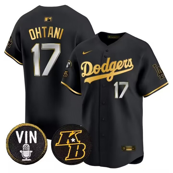Men's Los Angeles Dodgers #17 Shohei Ohtani Stitched Black/Gold Vin & Kobe Patch Cool Base Baseball Jersey Men's Los Angeles Dodgers #17 Shohei Ohtani Stitched Black/Gold Vin & Kobe Patch Cool Base Baseball Jersey